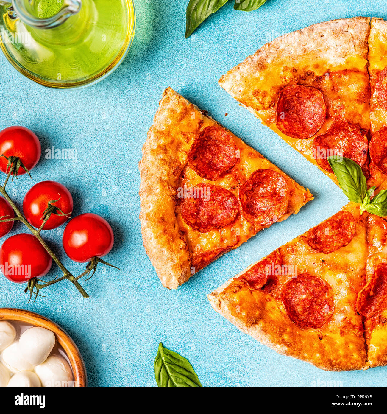 Pepperoni pizza with ingredients, top view Stock Photo Alamy