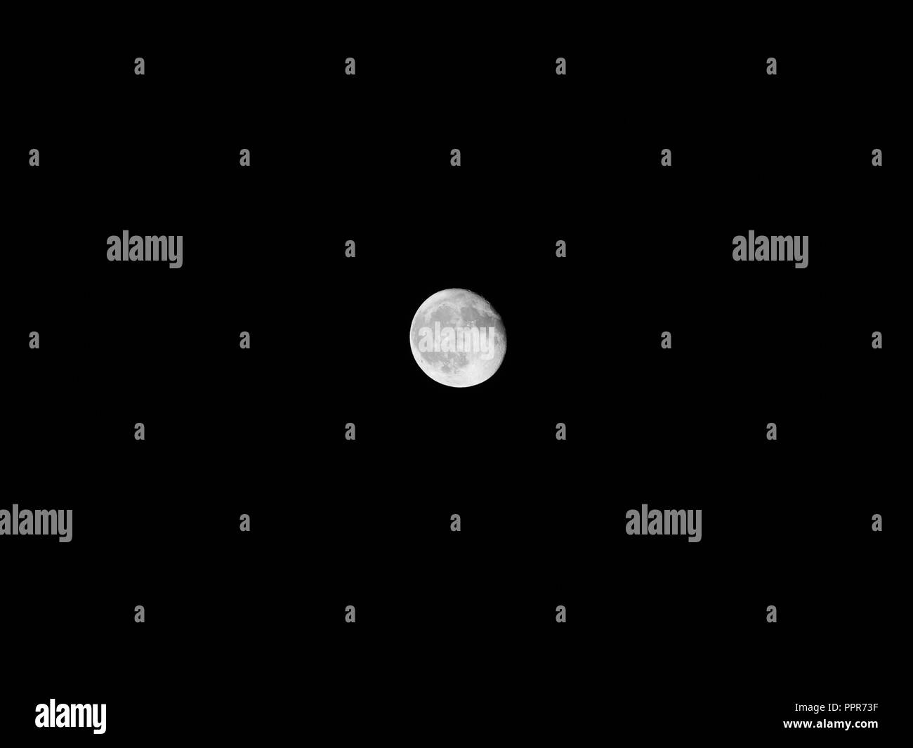 Big round circular sphere close up circle body of full white moon at dark night time clear sky on black background Seen through telescope. Planet univ Stock Photo