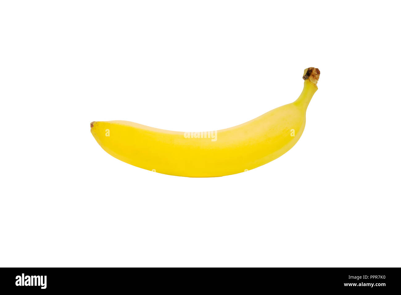 A single ripe yellow banana, isolated on white, smooth texture. Front shot. Stock Photo
