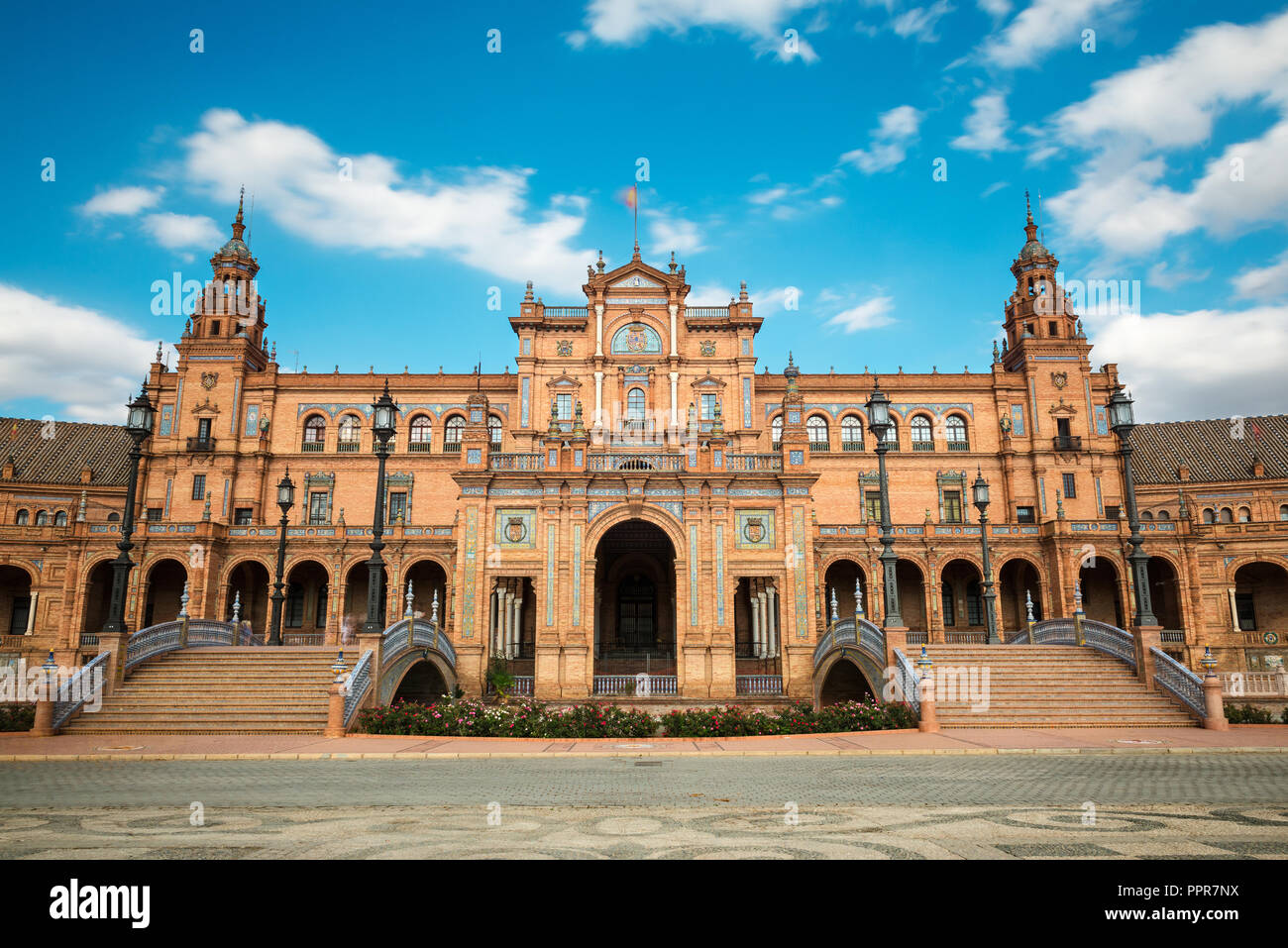 Wide-angle view of the Plaza de España in Seville, Spain, a square built in 1928 for the Ibero-Amercian Exposition of 1929 in Regionalism style. Stock Photo