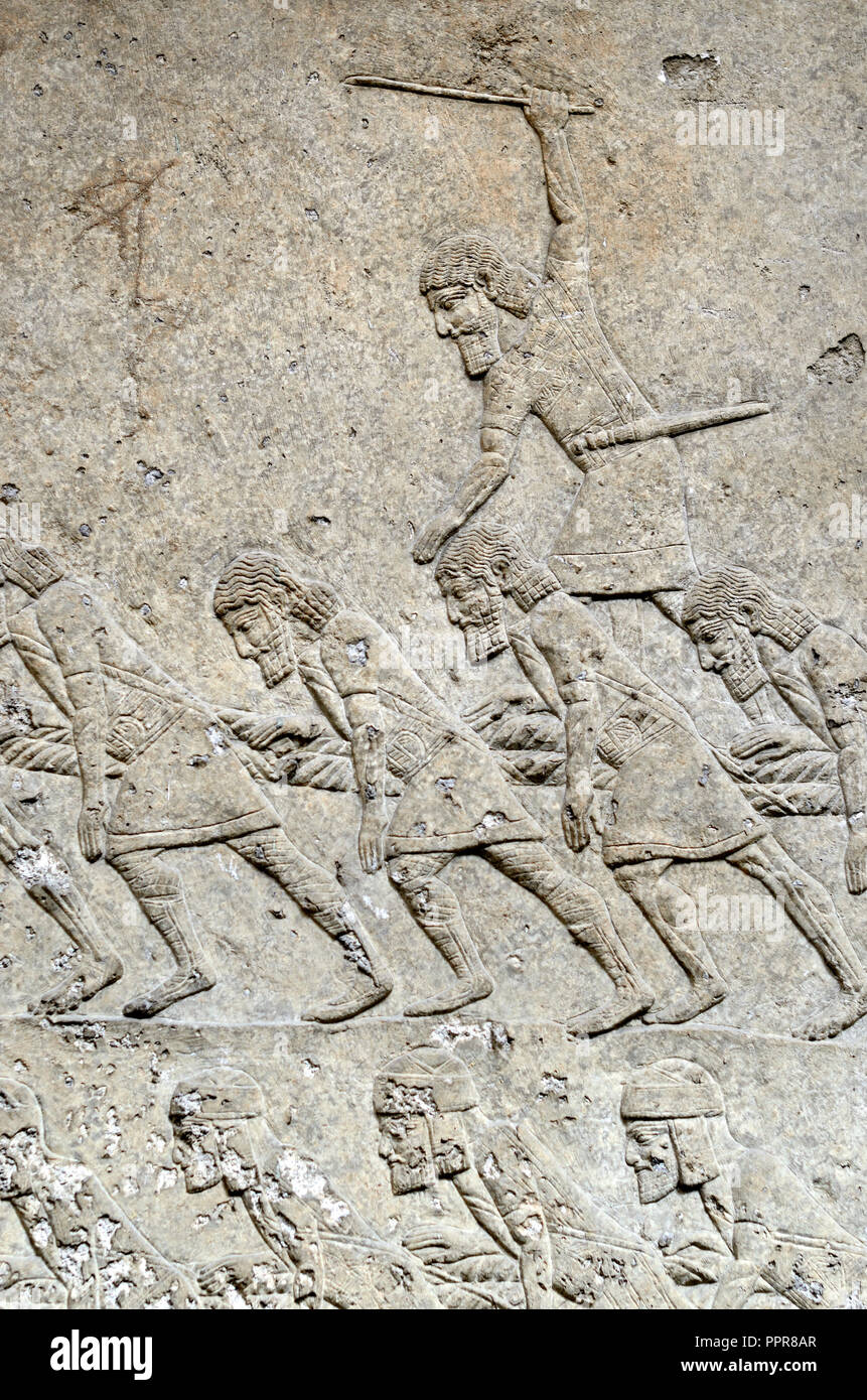 Assyrian stone pannel (Nineveh: 700-692BC) showing enslaved prisoners of war. British Museum, Bloomsbury, London, England, UK. Stock Photo