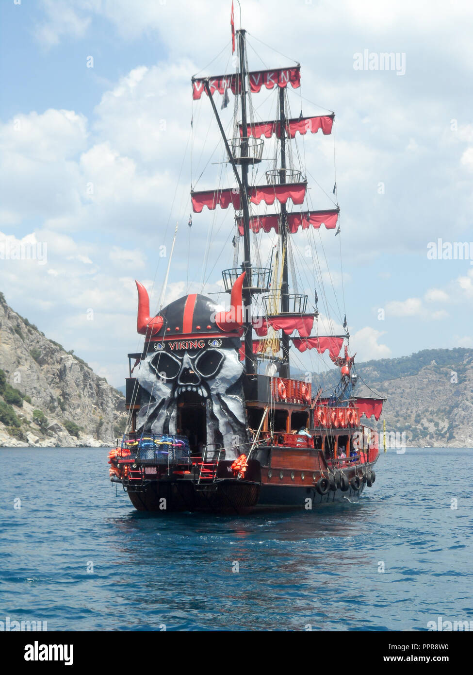 A Turkish gulet decked out as a pirate ship for tourist day trips, Marmaris, Turkey Stock Photo