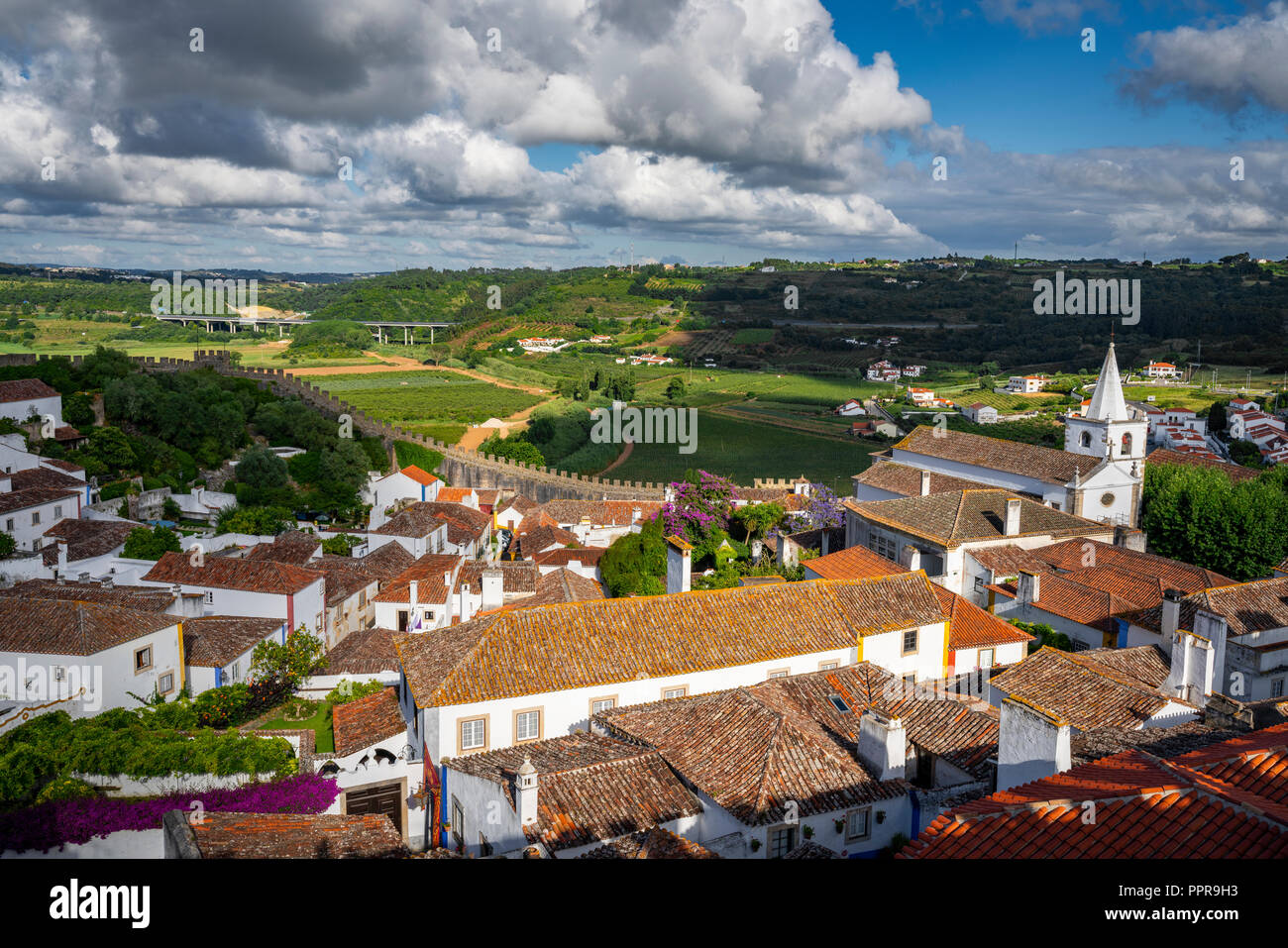 Top View Of Medieval Town Obidos Obidos Portugal With Surrounding Landscape Stock Photo Alamy