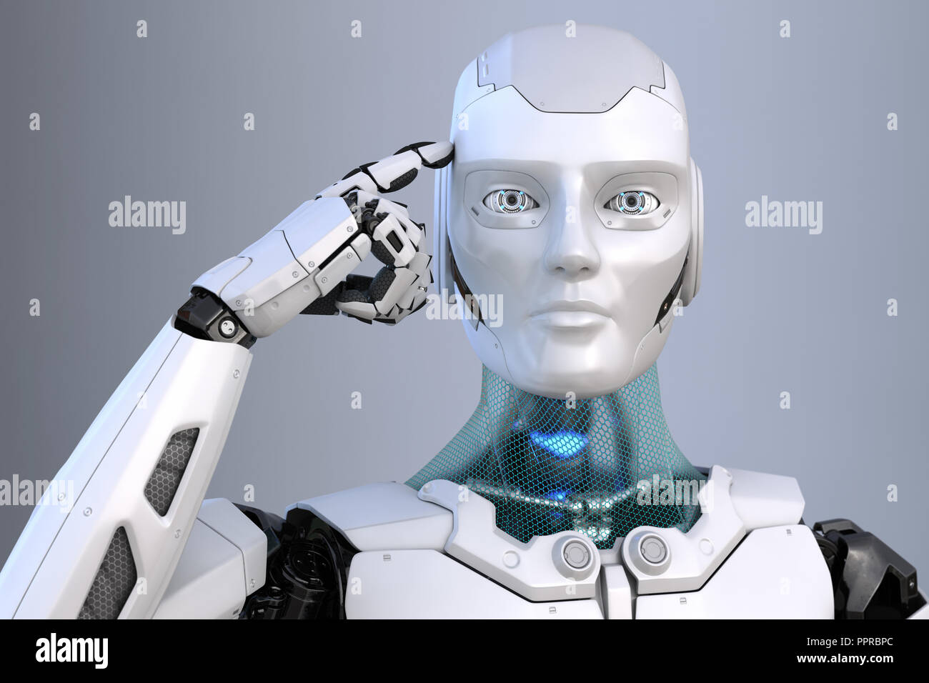Robot holds a finger near the head. 3D illustration Stock Photo