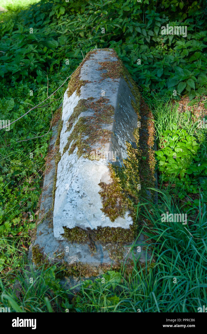 Coffin shaped stone graves with lichen at Old St Leonards Church