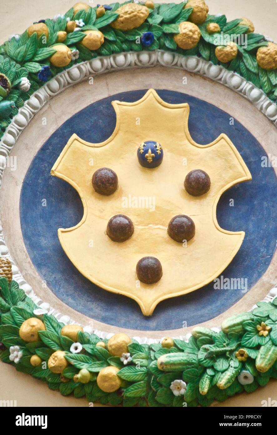 Medici family crest with balls with typical round frame Stock Photo