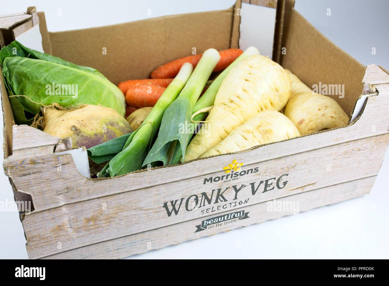 Morrisons wonky vegetable box containing misshapen vegetables Stock