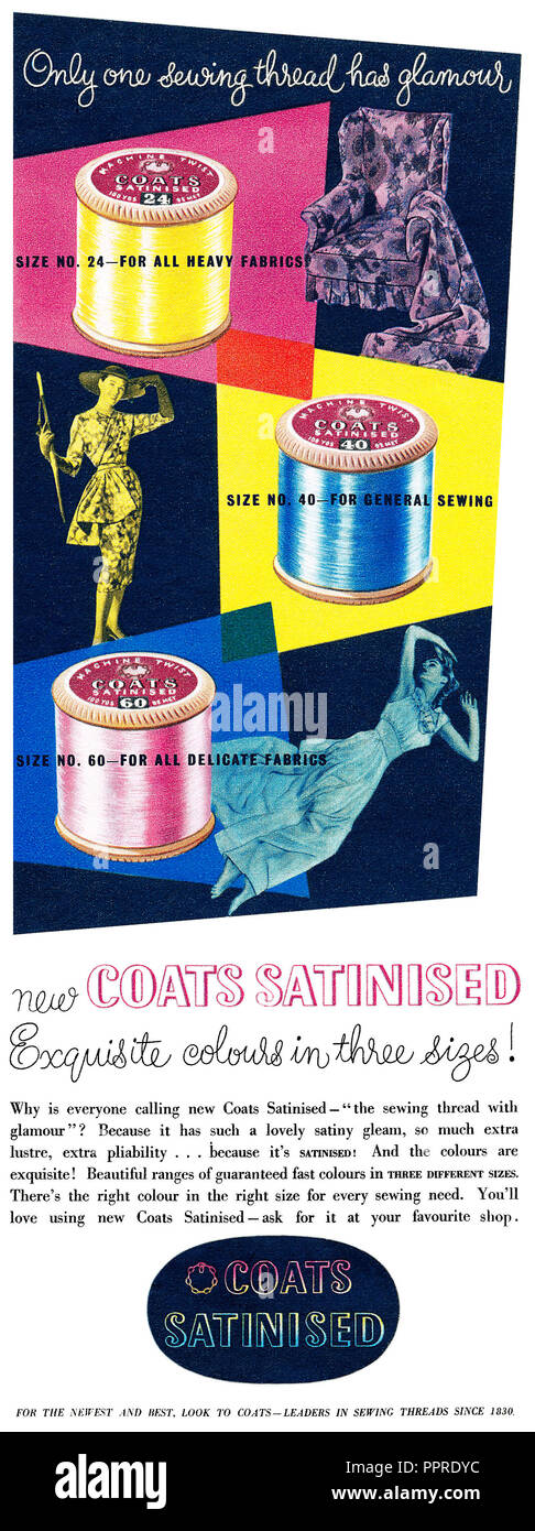 1952 British advertisement for Coats satinised sewing thread. Stock Photo