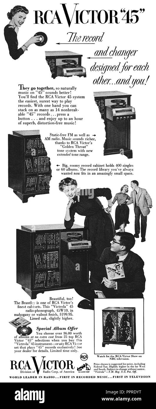 1952 U.S. advertisement for RCA Victor 45 rpm 7 inch singles and record player. Stock Photo