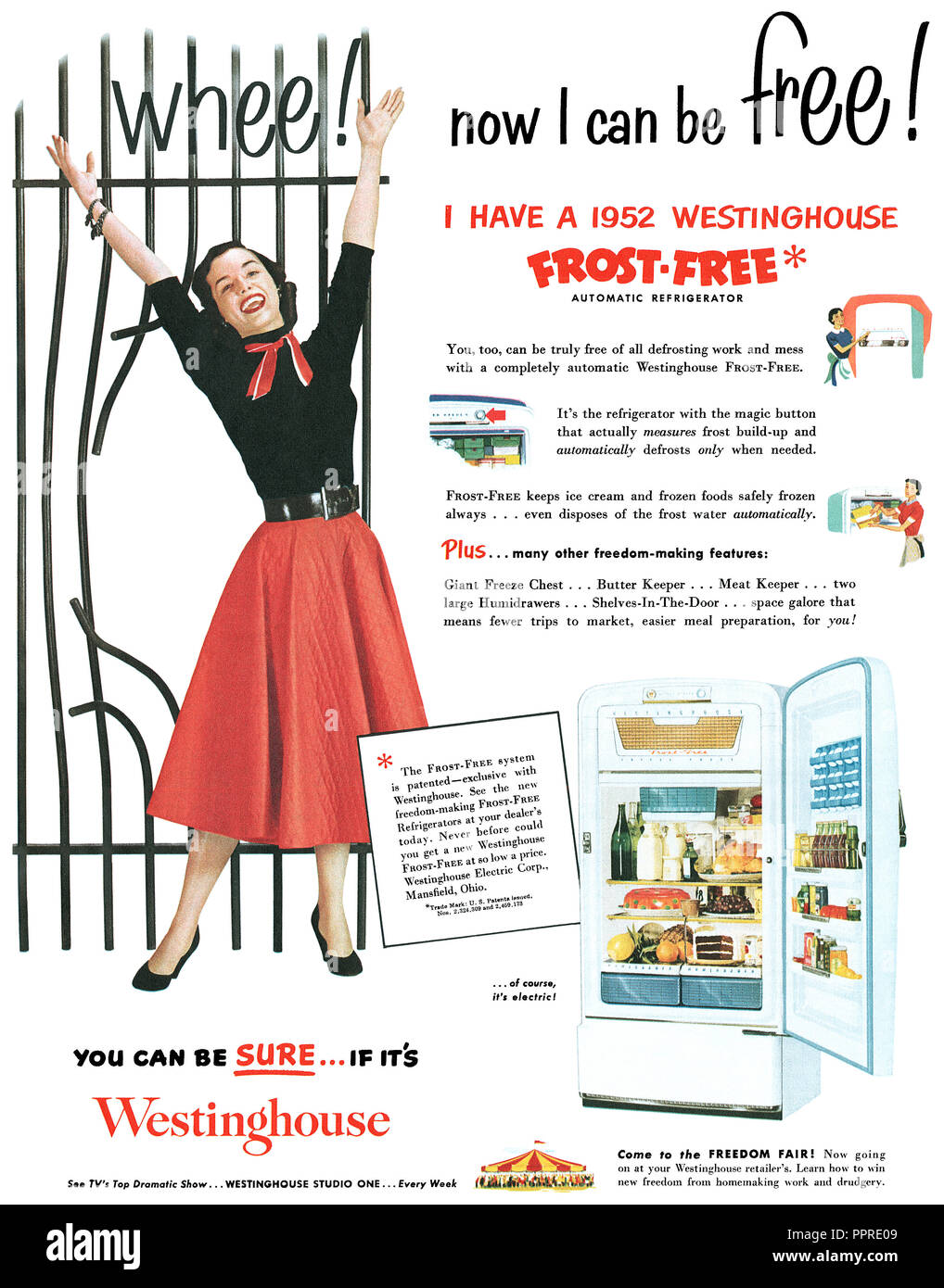 1952 U.S. advertisement for Westinghouse refrigerators. Stock Photo