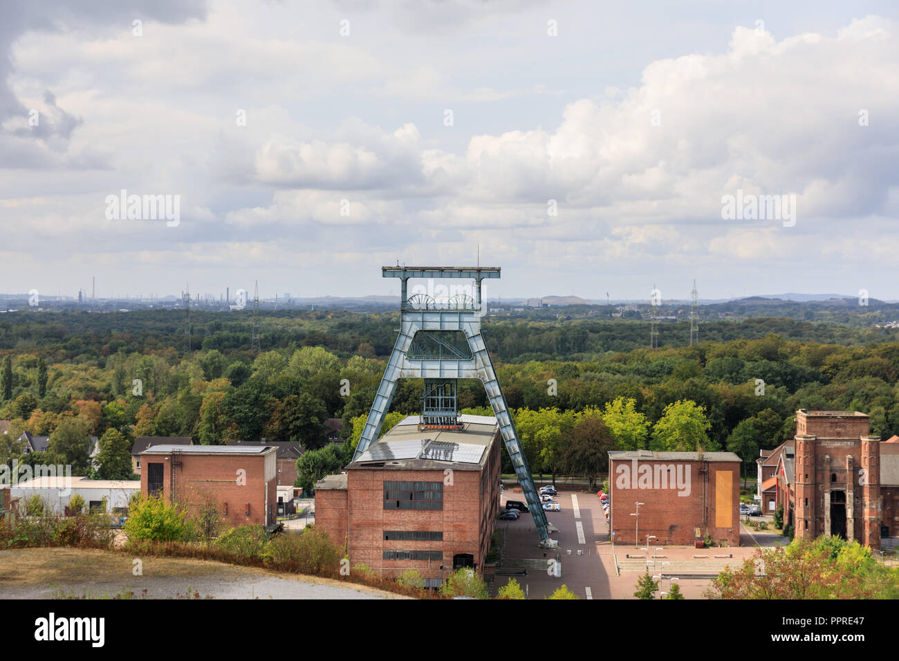 Zeche Ewald panoramic view from above, industrial buildings and the former coal mine shaft tower, Herten, Ruhrgebiet, Germany Stock Photo