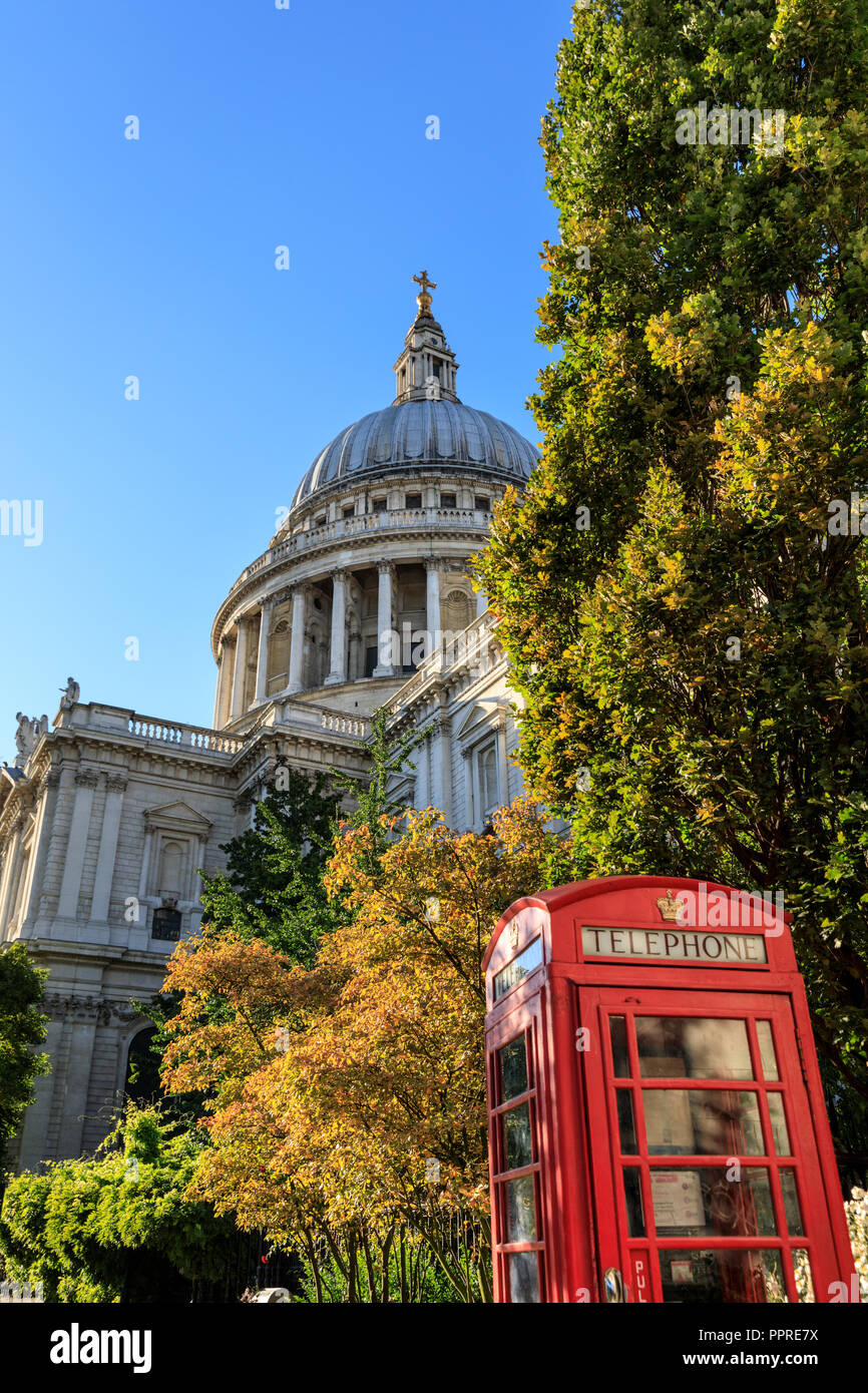 St Paul's Cathedral exterior, with iconic red London telephone box, London, UK Stock Photo