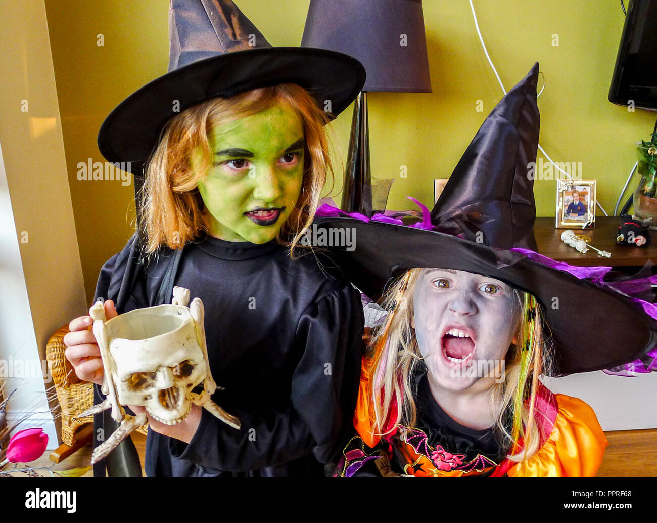 Little girls children dressed in Witches Halloween costume, wearing black halloween witch costume witch hat, black dresses. Stock Photo