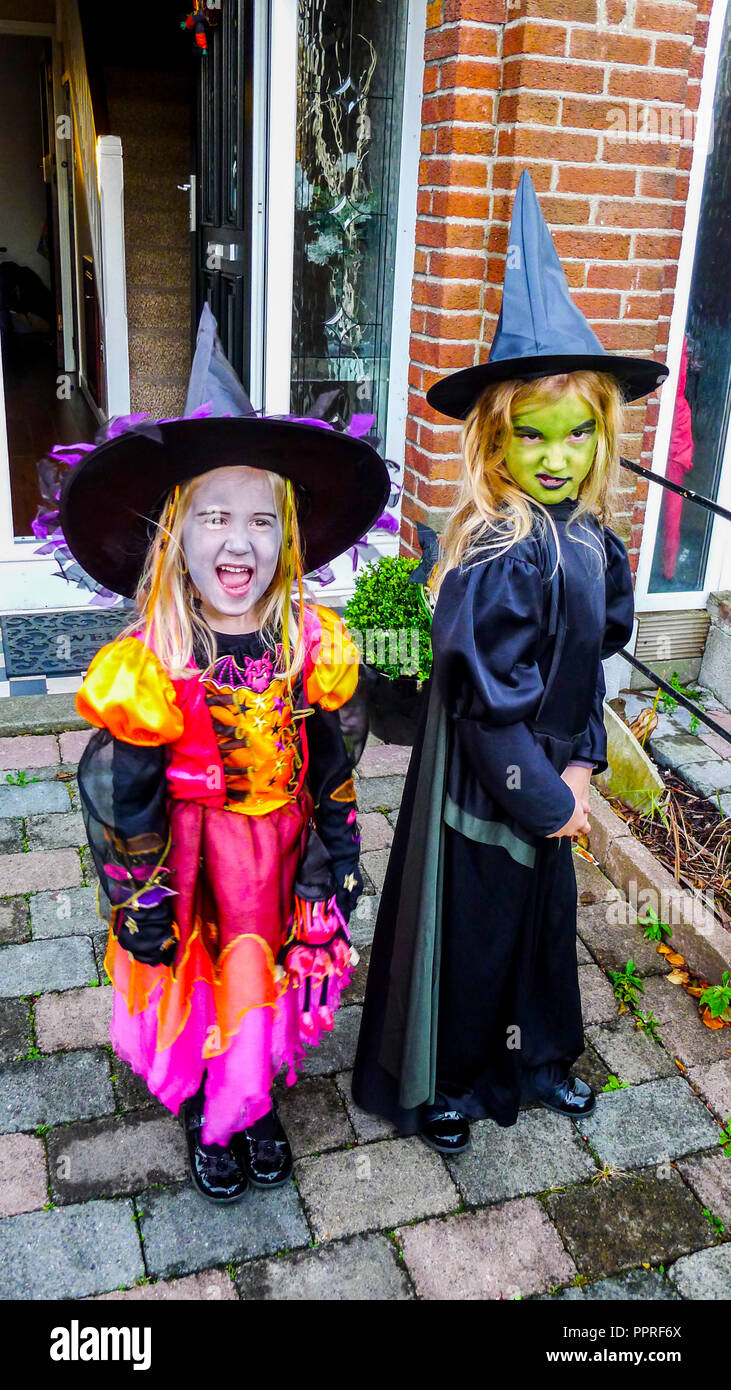 Little girls children dressed in Witches Halloween costume, wearing black witch hat, dresses, kids halloween costume, witch costume Stock Photo