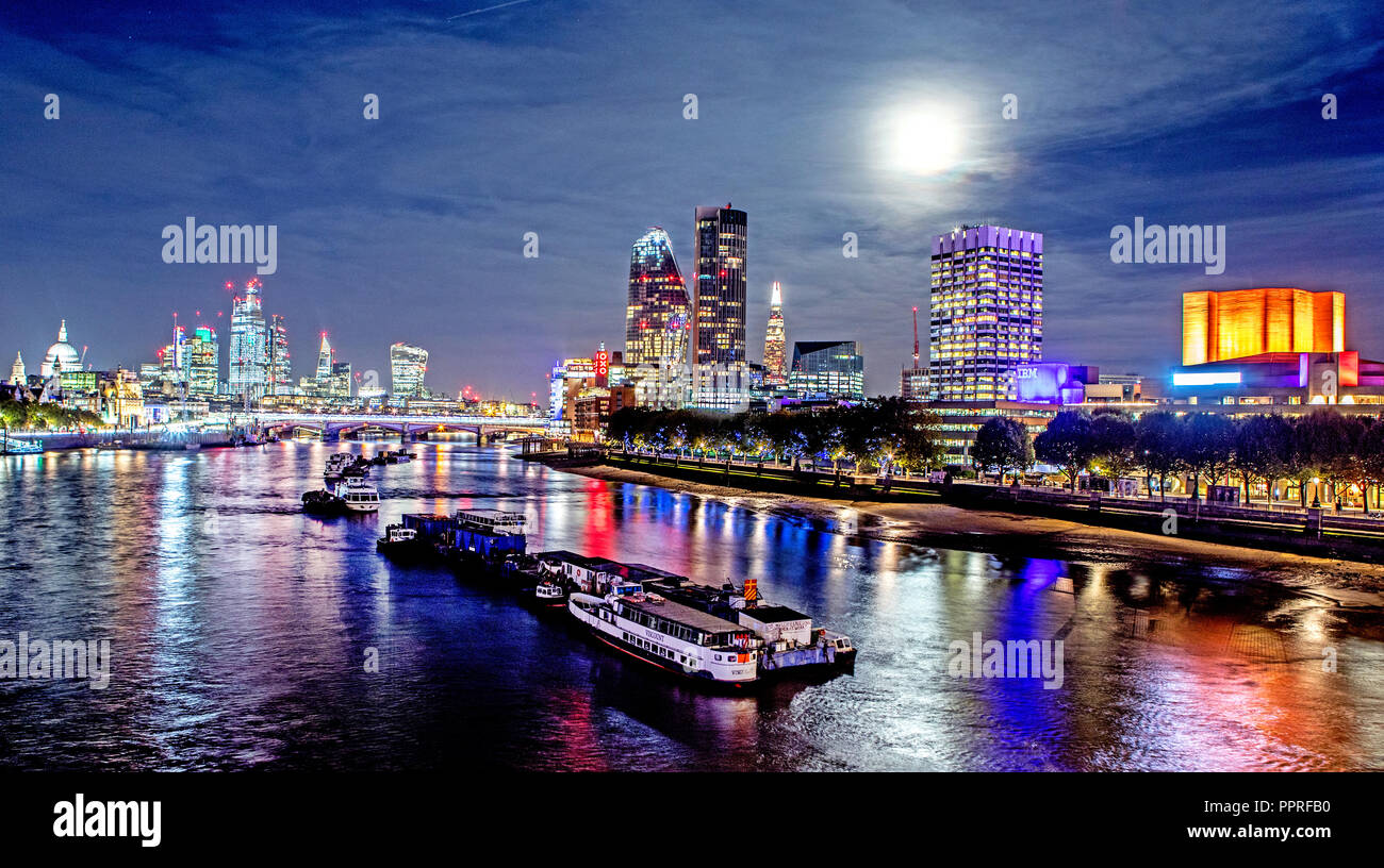 Moonlight Over the City Of London from Waterloo Bridge UK Stock Photo