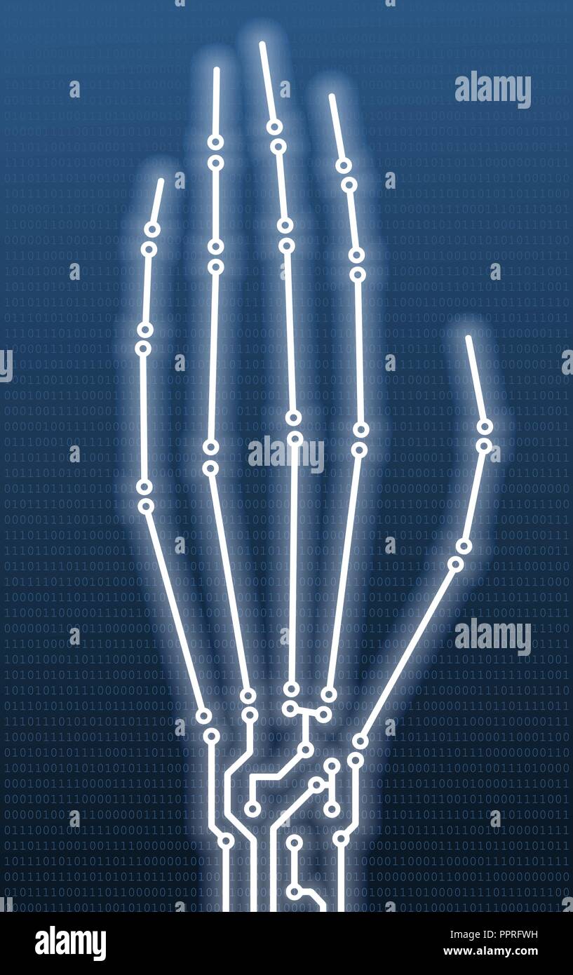 Hand bones in PCB-layout style with shine on a blue digital background. Conceptual illustration for computer crime illustration such as network hackin Stock Vector