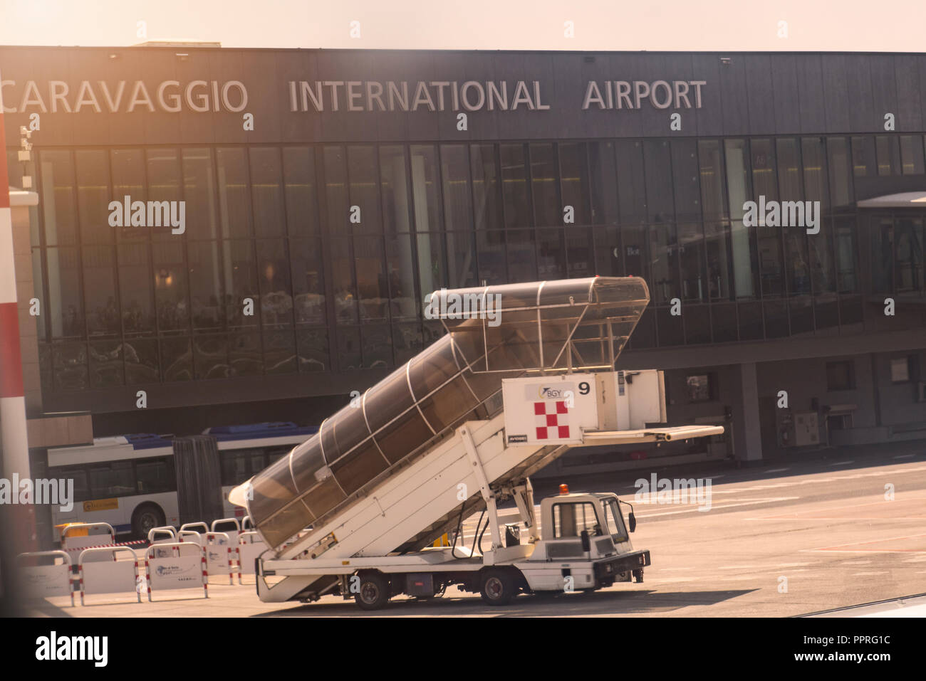 Italy, the airport of Cavaraggio. 02, 06,2018. Gangway for the plane near the airport. Stock Photo