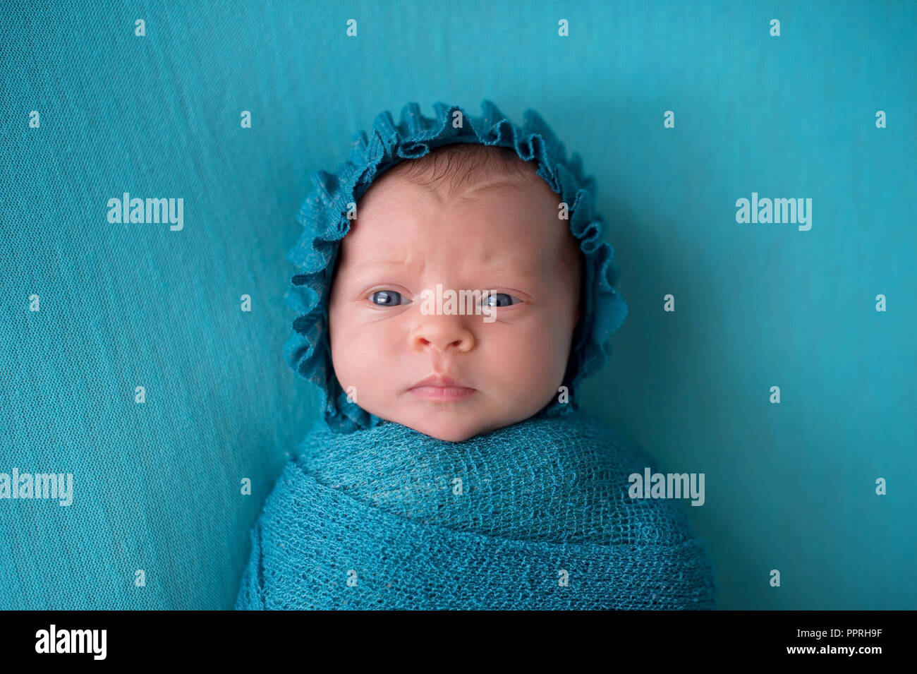 An alert, three week old, newborn baby girl wearing a turquoise blue bonnet with a perplexed expression. Stock Photo