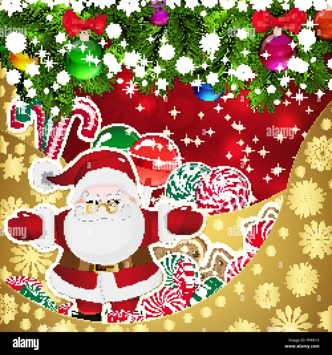 Santa Claus On The Background Of Sweets Decorated Christmas Balls
