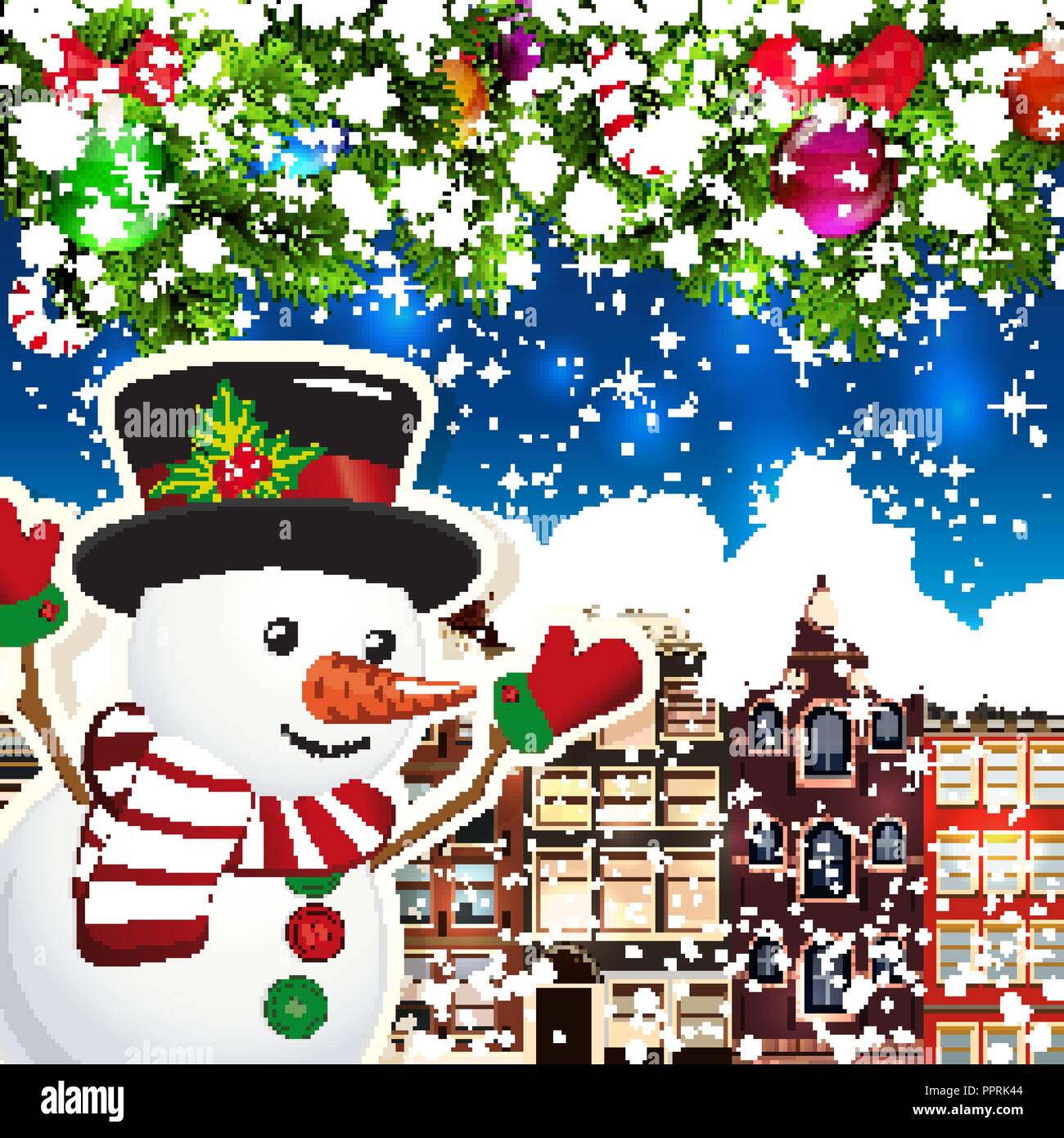 Snowman on the background of snow-covered streets. New Year design background. Falling snow.  Holiday illustration with place for text. Stock Vector