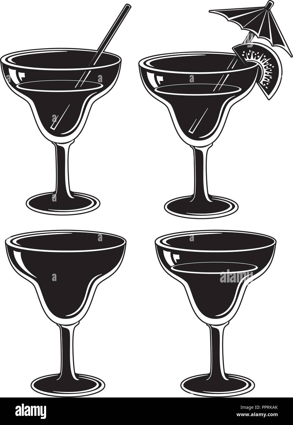 Glasses with drink, set: empty, with a drink, with a kiwifruit and straw. Symbolical pictogram, black contour on white background. Vector Stock Vector