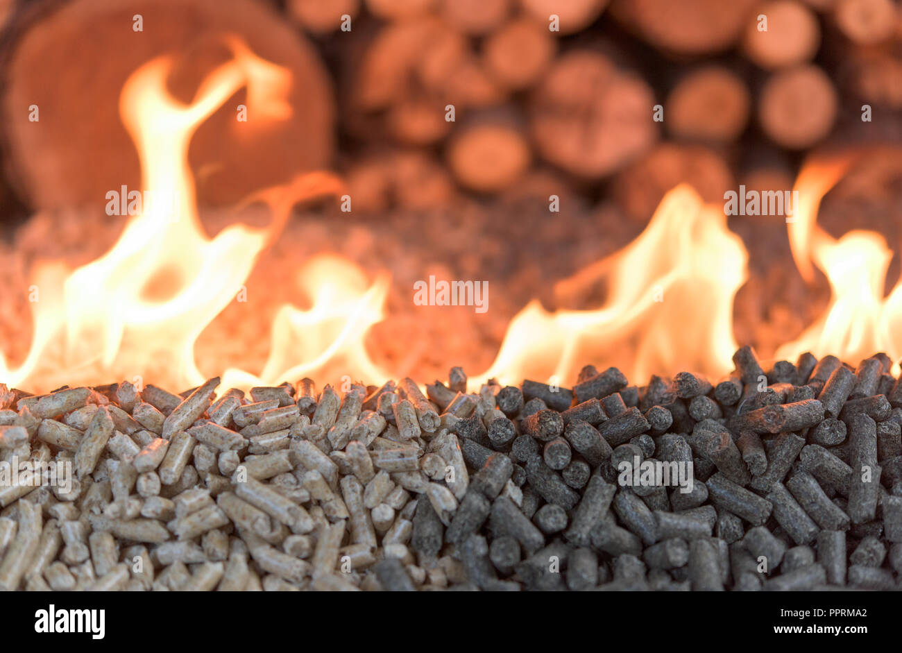 Two kind of wooden pellets in fire - heating Stock Photo