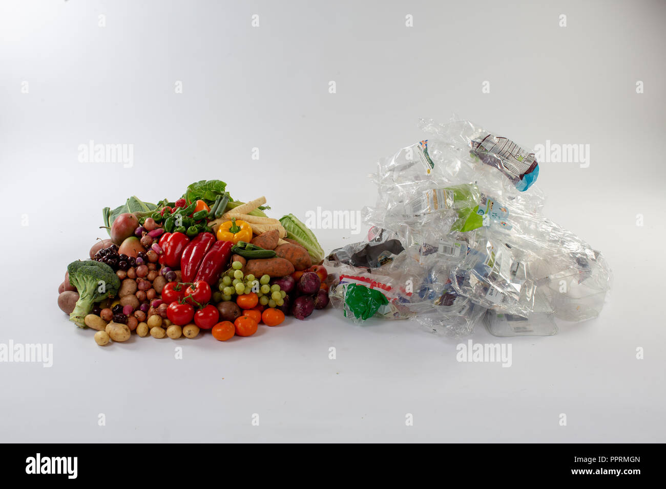 Plastic packaging on fruit and vegetables in the UK Stock Photo