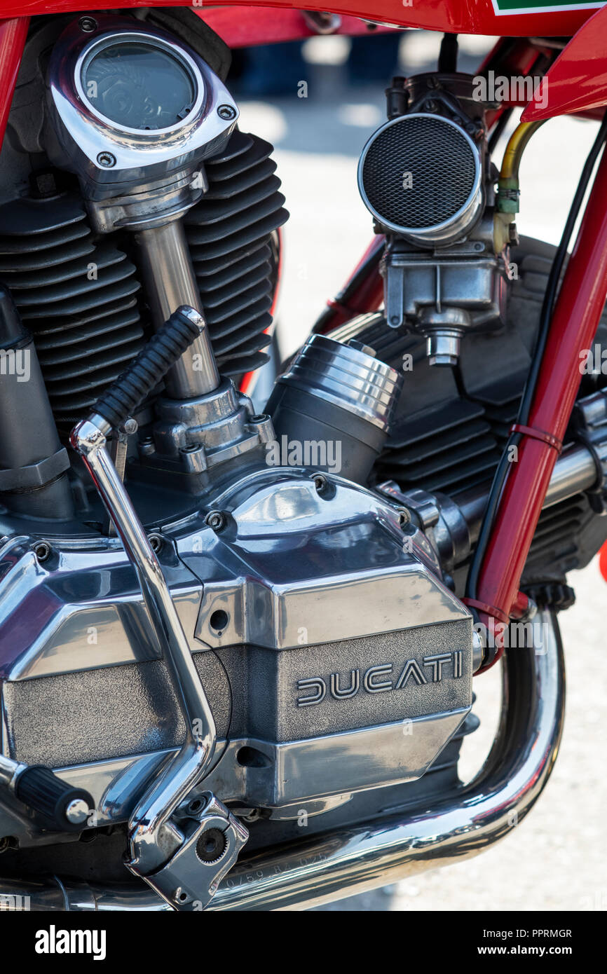 Ducati 900cc Mike Hailwood replica motorcycle engine detail. UK Stock Photo