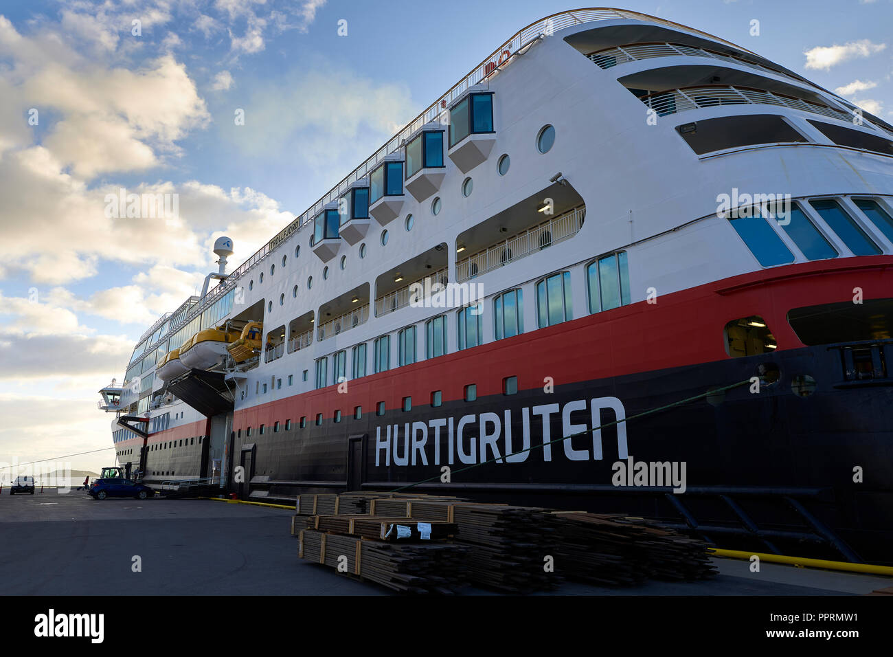 The Hurtigruten Ferry, MS TROLLFJORD, Moored In Harstad, Troms County, Norway. Stock Photo