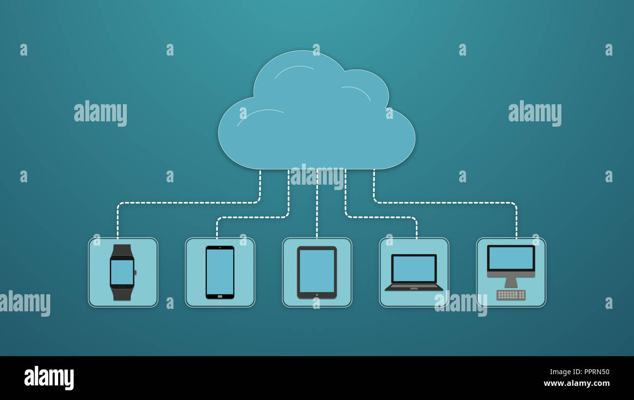 flat style illustration of a cloud and devices connected to it, concept of cloud computing Stock Photo