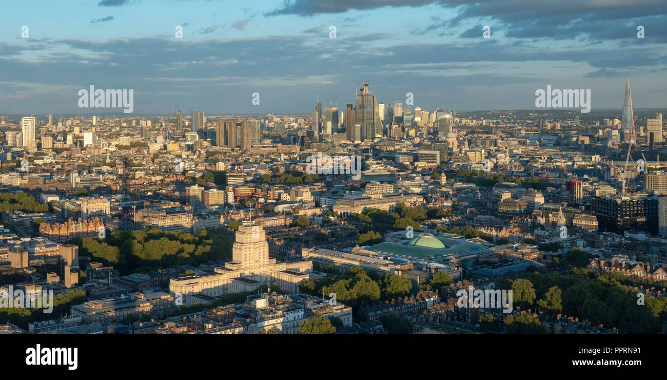 23rd September 2018, Open House London, BT Tower observation platform, late afternoon, looking east toward sthe City of London and Canary Wharf Stock Photo