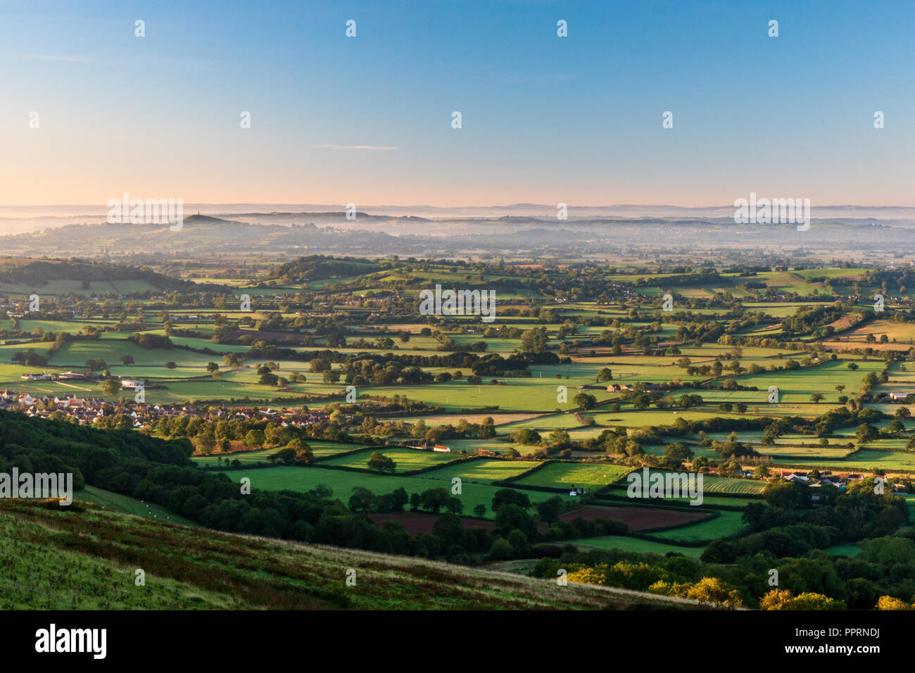 View across the Somerset levels at dawn Stock Photo