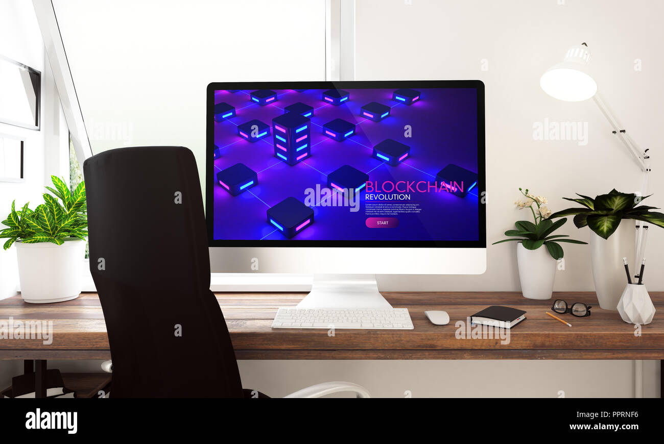 Computer with blockchain revolution on table 3d rendering Stock Photo ...