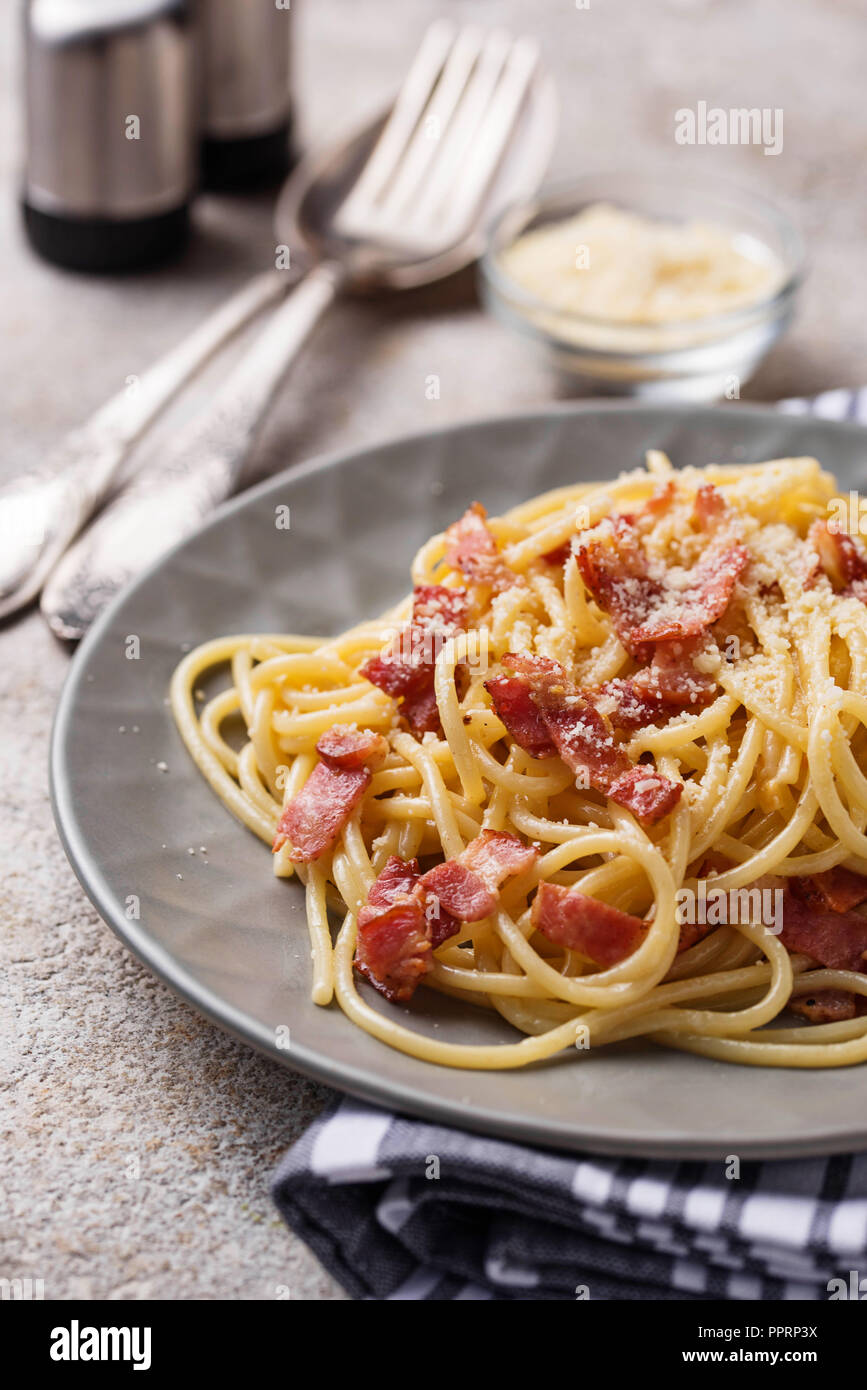Pasta Carbonara with bacon and parmesan Stock Photo Alamy