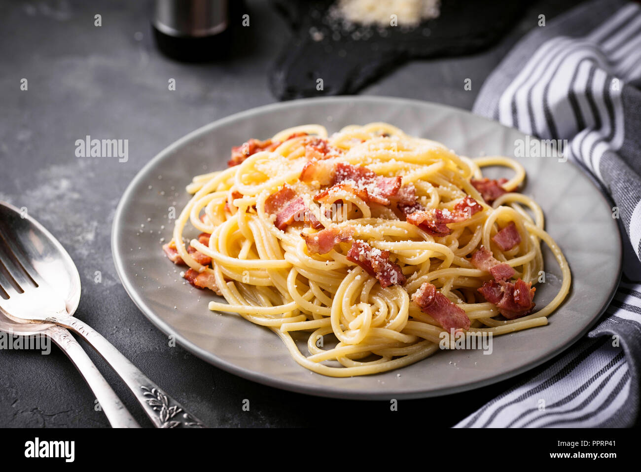 Pasta Carbonara with bacon and parmesan Stock Photo