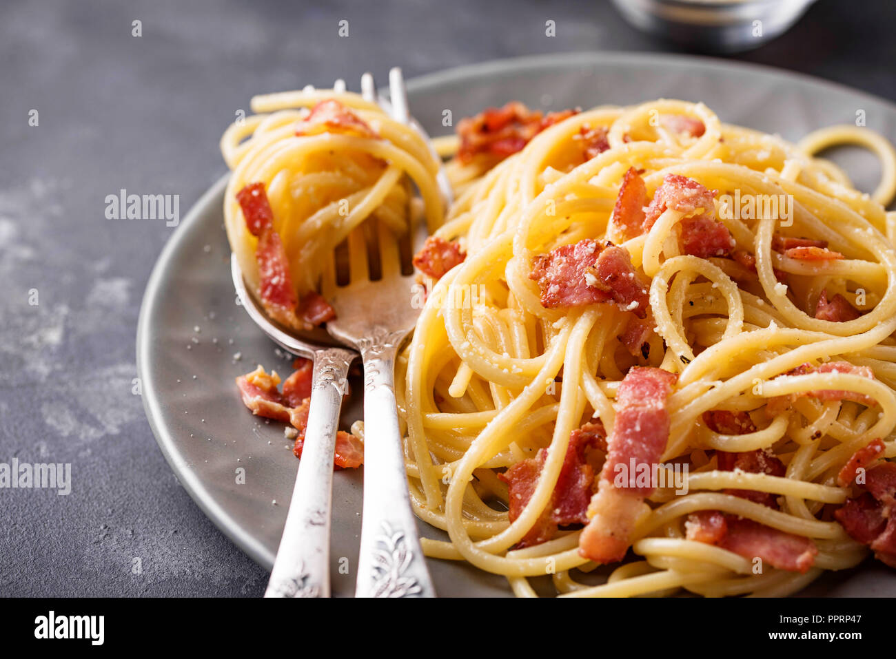 Pasta Carbonara With Bacon And Parmesan Stock Photo Alamy