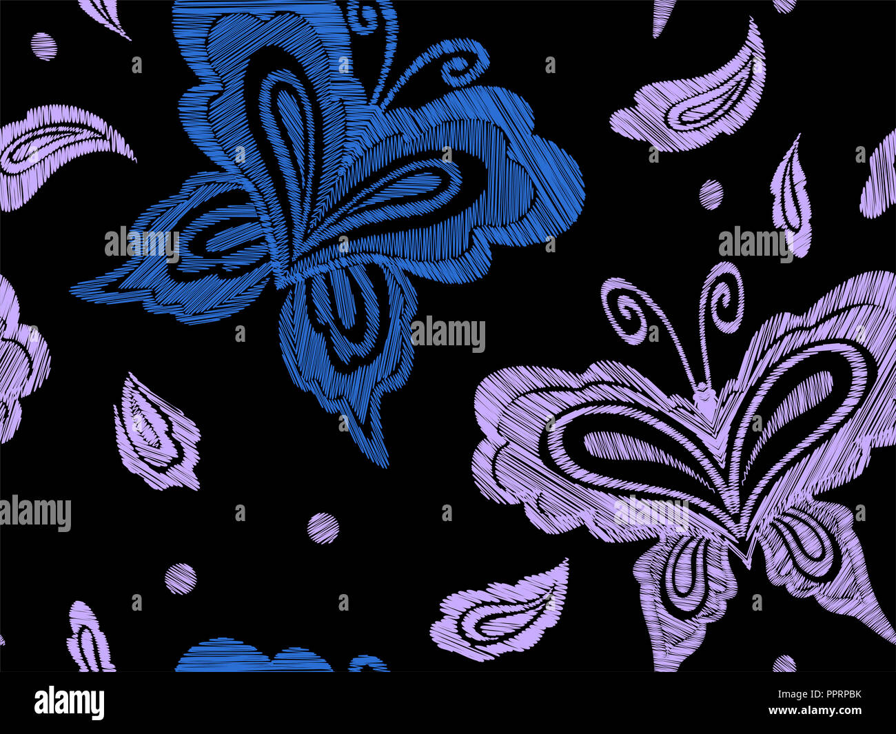 Floral seamless background pattern with fantasy flowers, leaves and butterflies. Line art. Embroidery flowers. Vector illustration. Stock Photo
