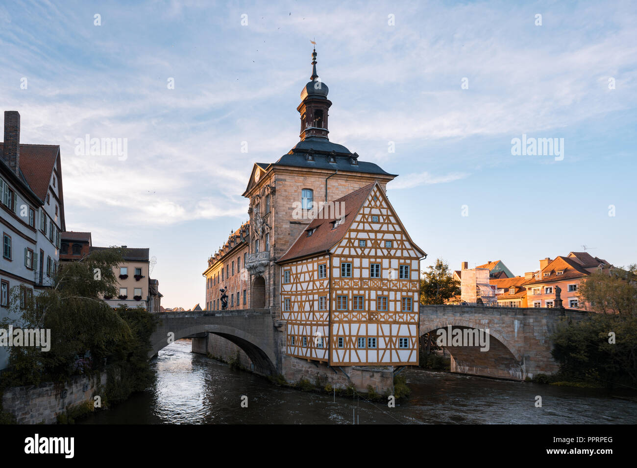 The Old Town Hall of Bamberg, Germany, at sunset. Big Panorama. Stock Photo
