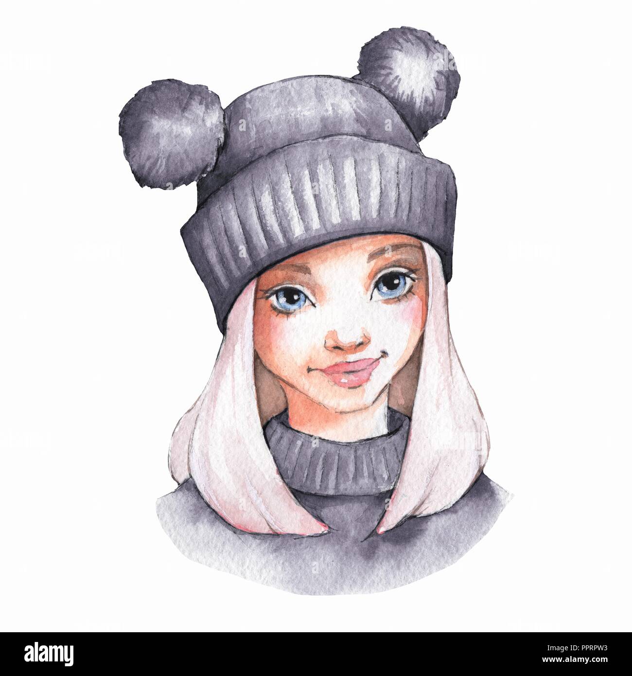 Cute cartoon girl in warm hat. Watercolor illustration Stock Photo