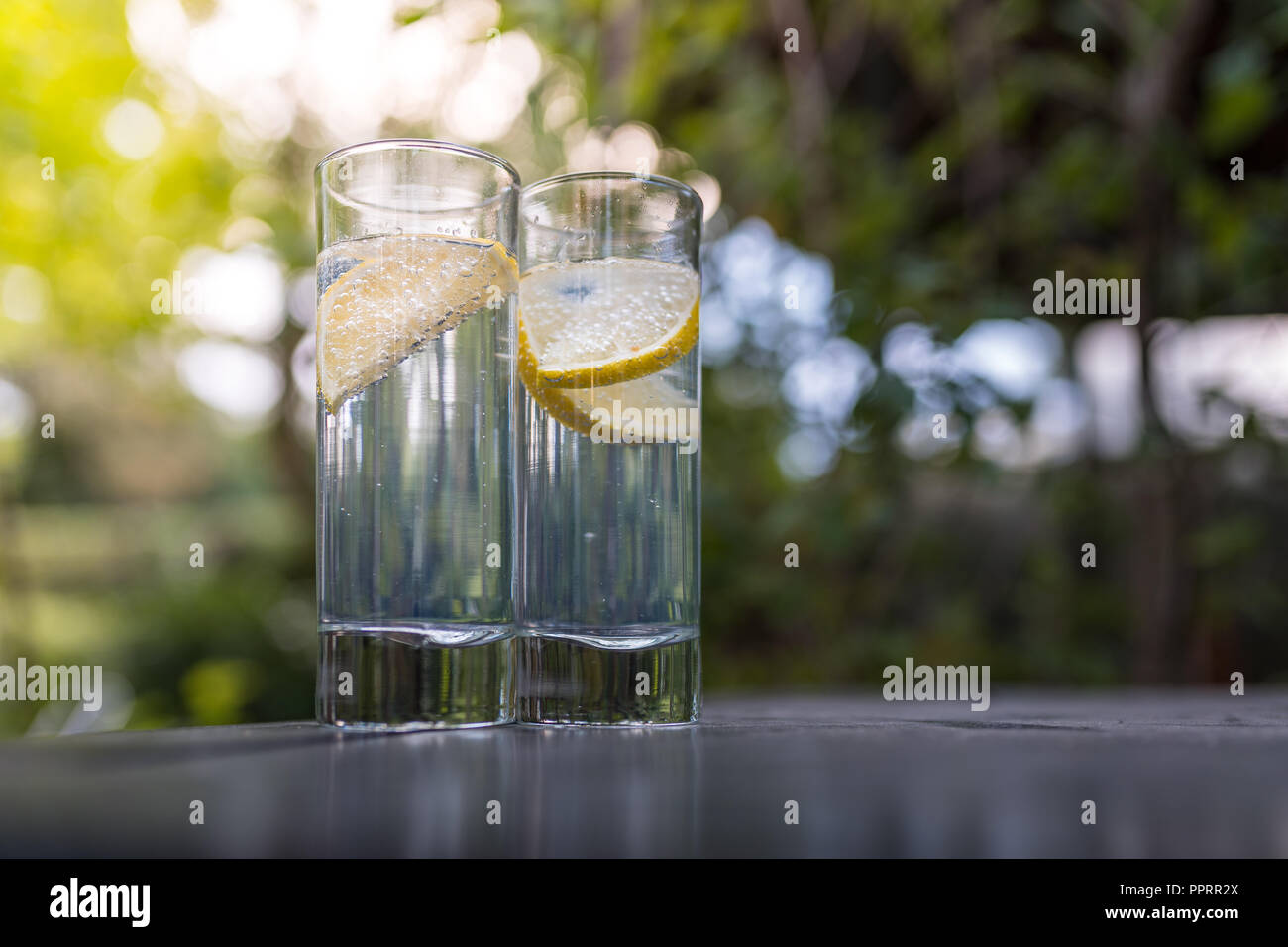 Sparkling gin tonic in long drink glasses in the garden on a nice summer day. Stock Photo