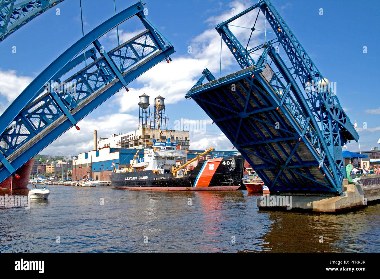 Minnesota Slip Drawbridge located in the Port of Duluth in Canal Park with the twin water towers