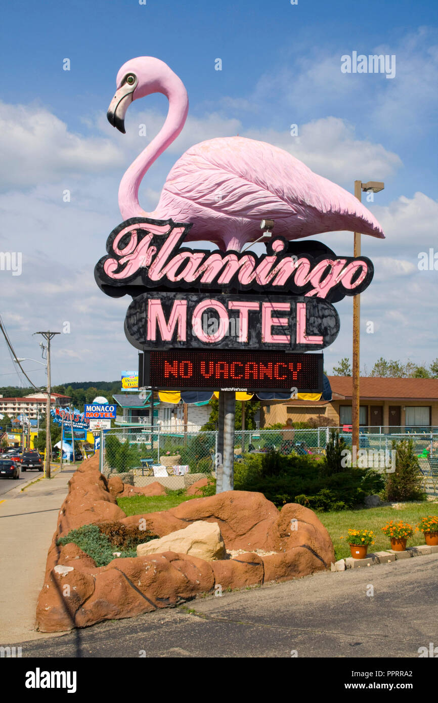Sign for the Flamingo Motel with no vacancy and a large pink flamingo