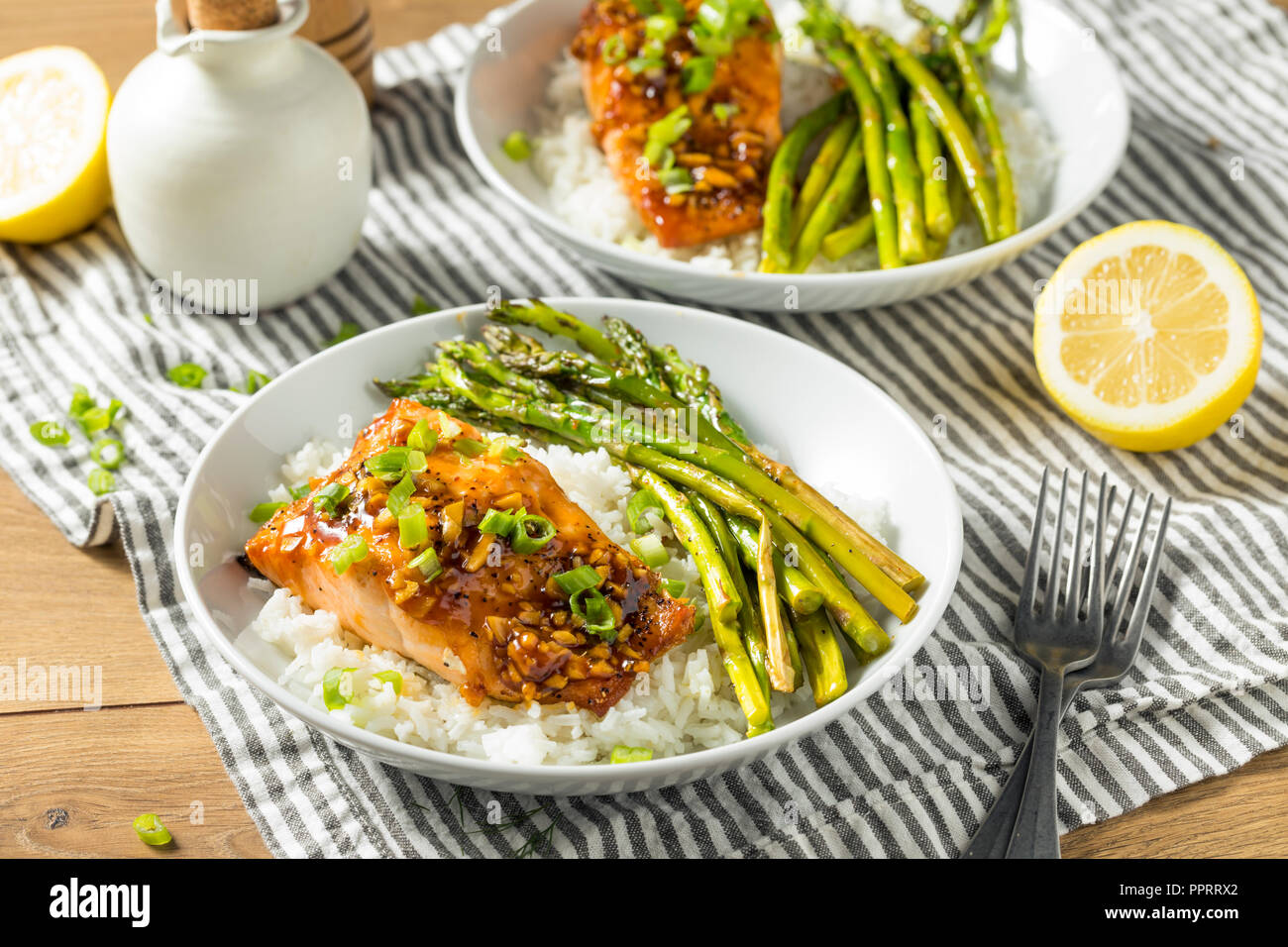 Homemade Baked Teriyaki Salmon  with Rice and Asparagus Stock Photo