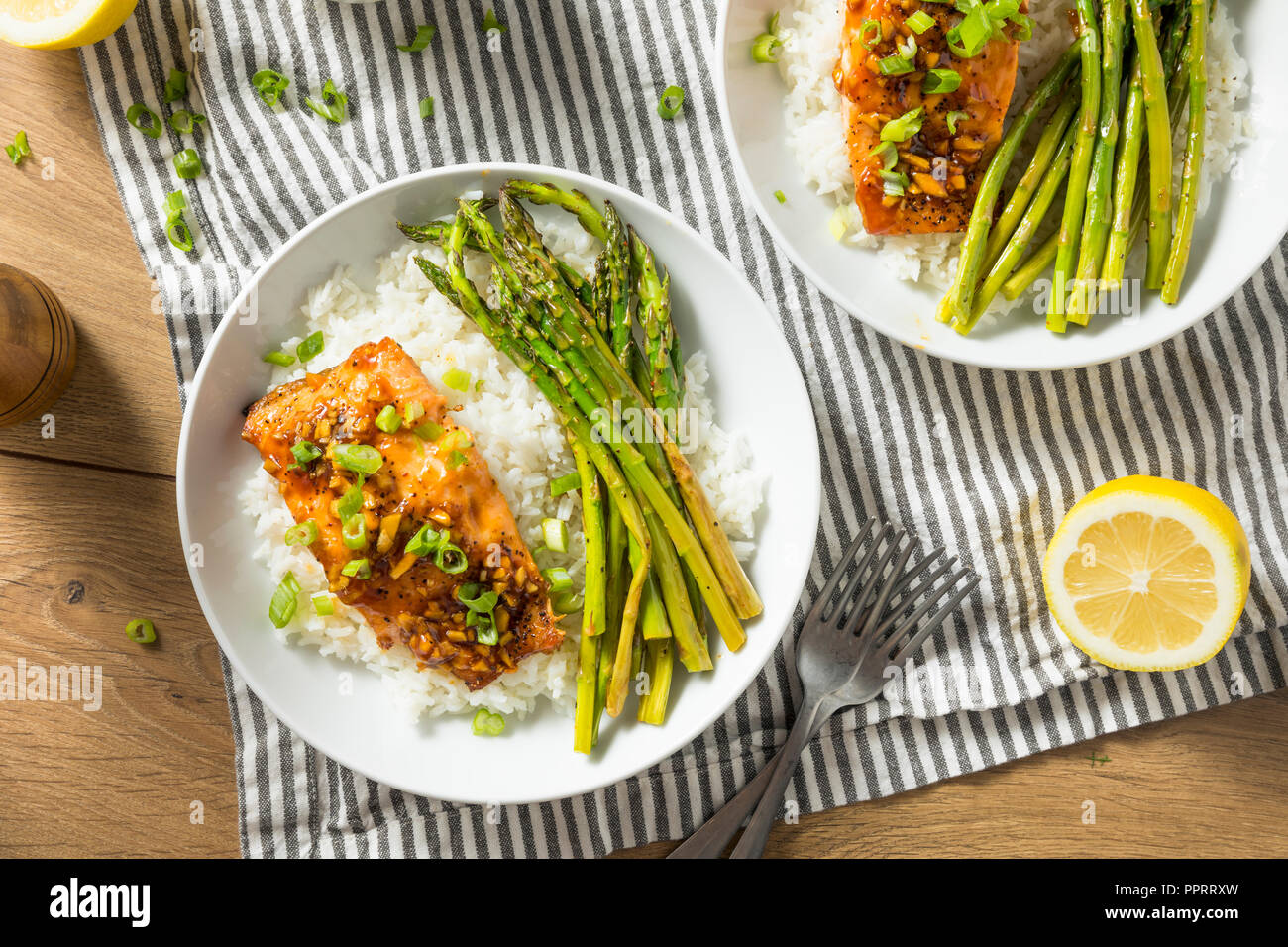 Homemade Baked Teriyaki Salmon  with Rice and Asparagus Stock Photo