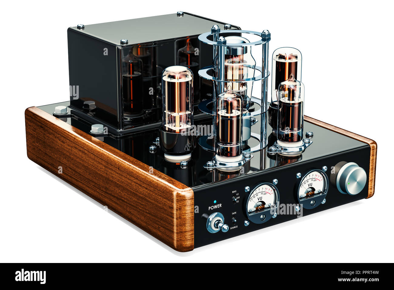 Vintage vacuum tube amplifier, 3D rendering isolated on white
