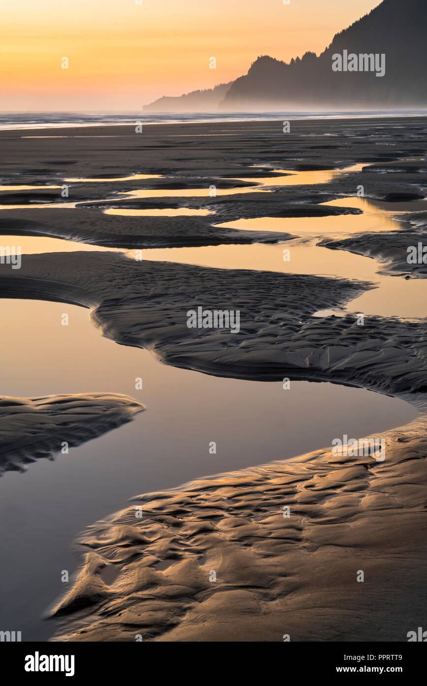 Manzanita, Oregon: Tide pools reflecting sunset sky, Manzanita beach Stock Photo