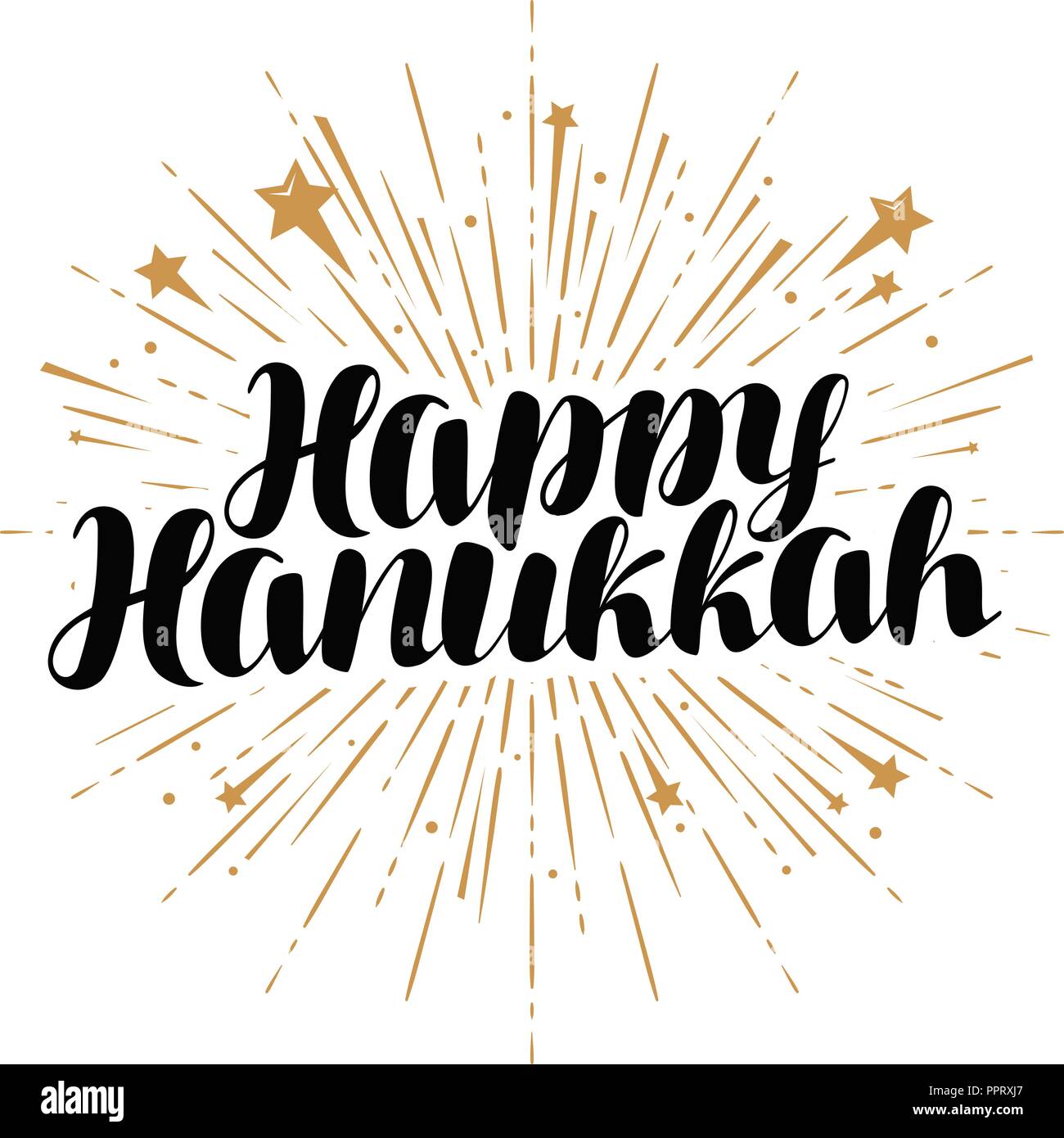 Happy Hanukkah greeting card or banner. Jewish holiday, handwritten lettering vector Stock Vector