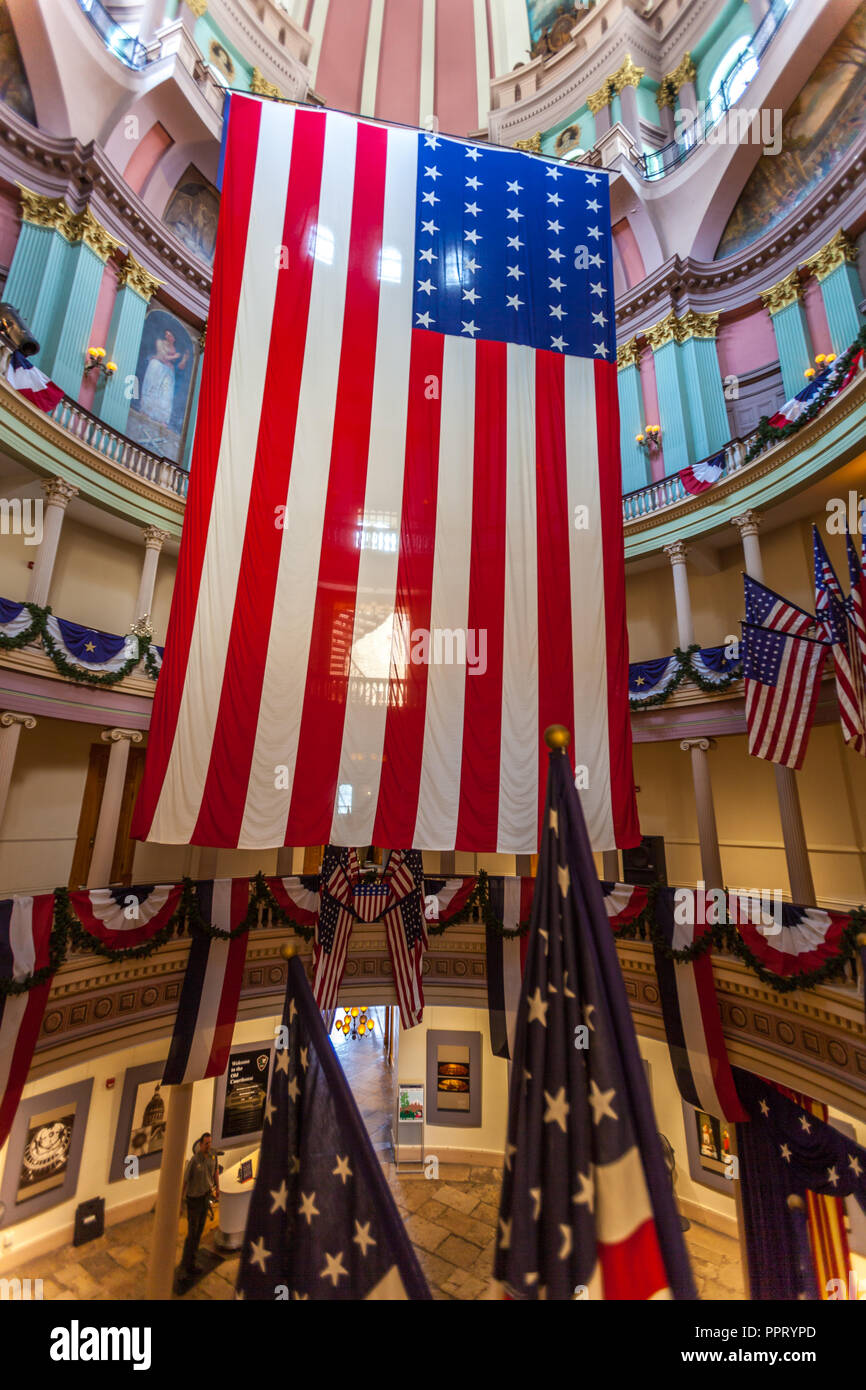 ST. LOUIS, MO, USA - JULY 9, 2018 - Replica of the Garrison flag adorned with 33 stars hanging in the rotunda of the Old Courthouse in St. Louis, Miss Stock Photo