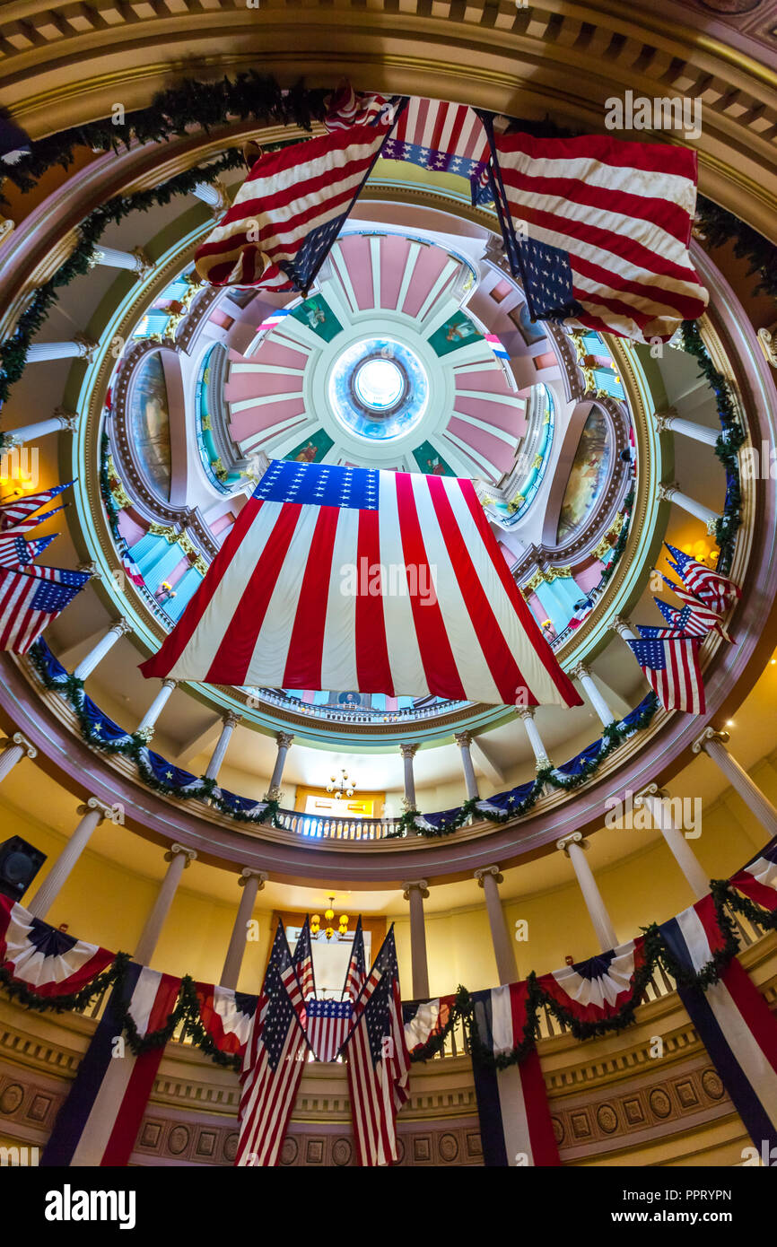 ST. LOUIS, MO, USA - JULY 9, 2018 - Replica of the Garrison flag adorned with 33 stars hanging in the rotunda of the Old Courthouse in St. Louis, Miss Stock Photo