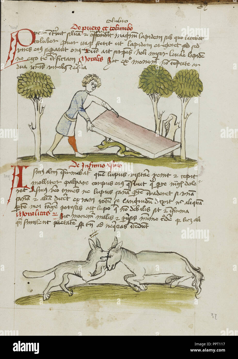 A Young Man in a Bed under which is a Snake; A Donkey Fighting with a Fox; Trier, probably, Germany Stock Photo
